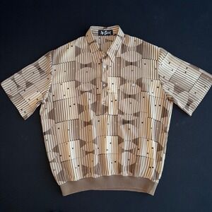 VTG Alan Stuart Polo Shirt Mens L Brown Tan Geometric Op-Art Banded Retro 70s